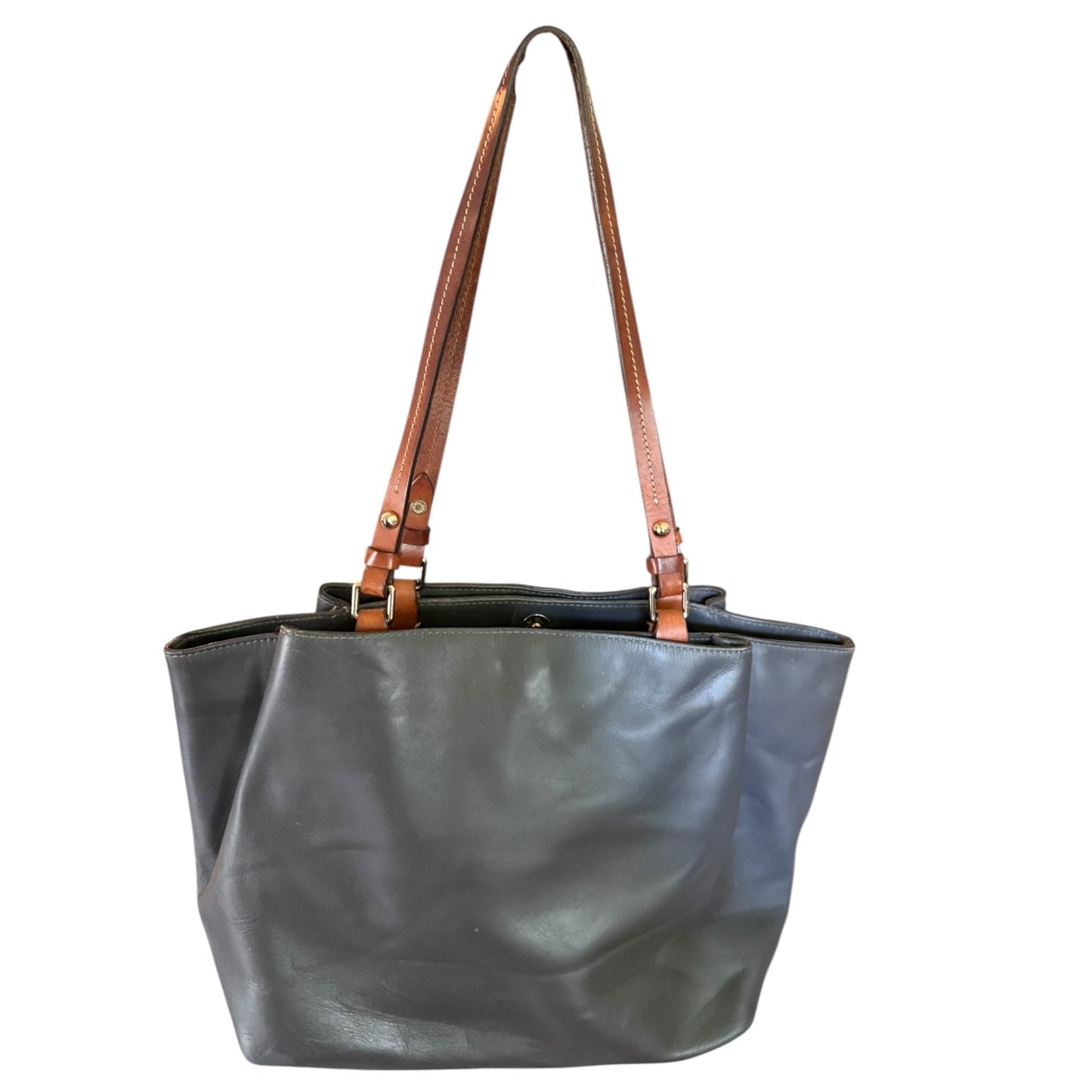 Gray tote bag with brown leather straps on a white background