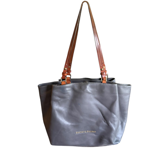 Gray tote bag with brown straps on a white background