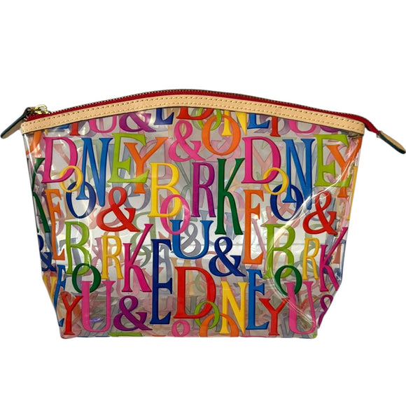 Front of Clear pouch with colorful letters and symbols on a white background