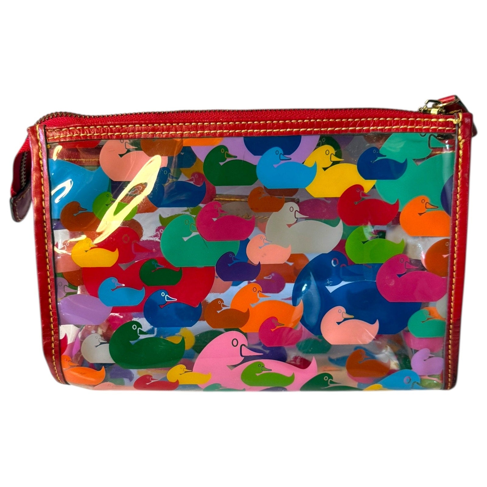 Back of clear Colorful pouch with rubber duck pattern on a white background
