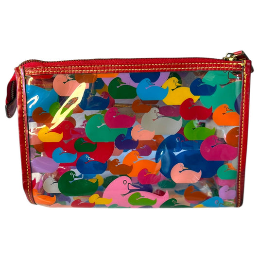 Back of clear Colorful pouch with rubber duck pattern on a white background