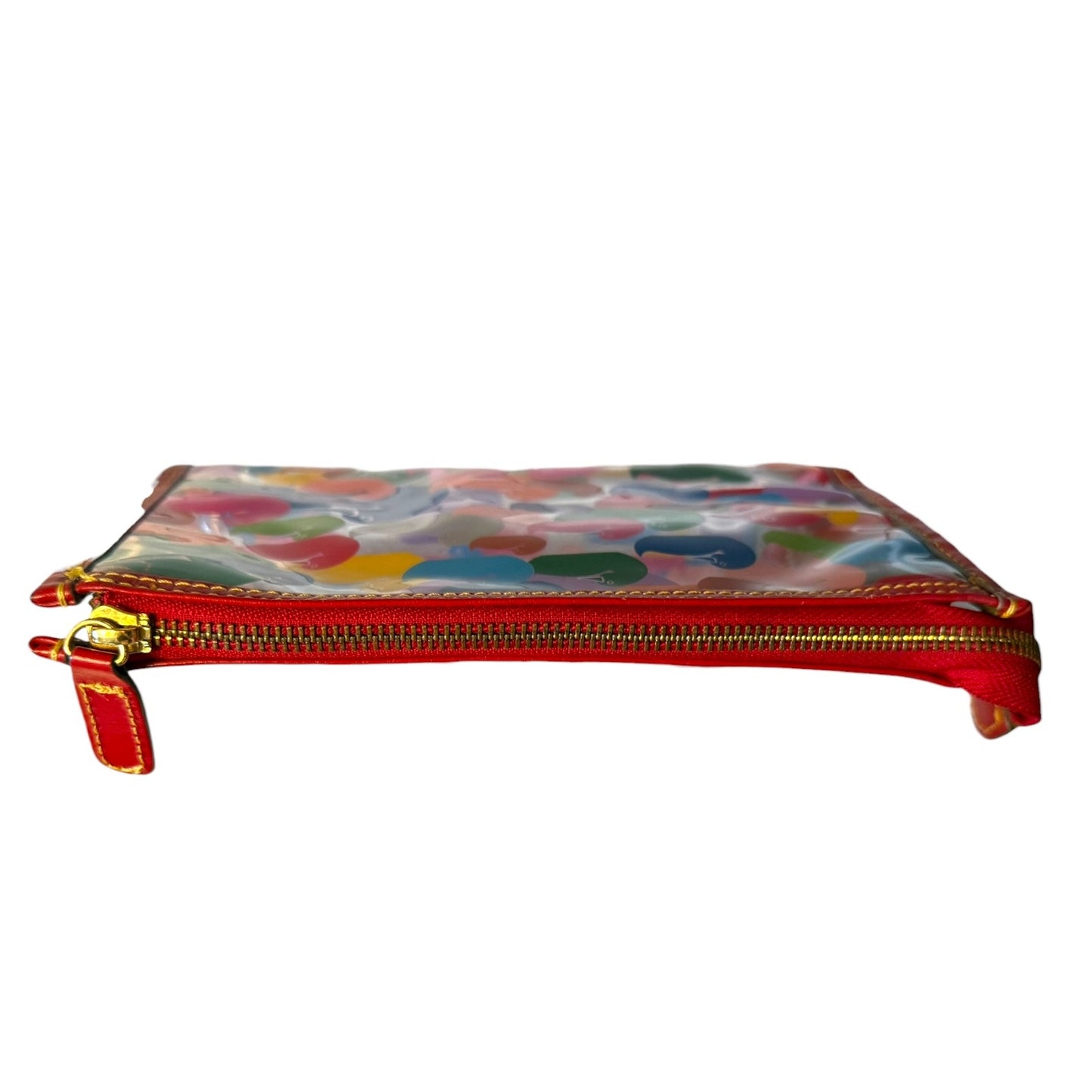 Top of Colorful duck pouch with a red zipper on a white background