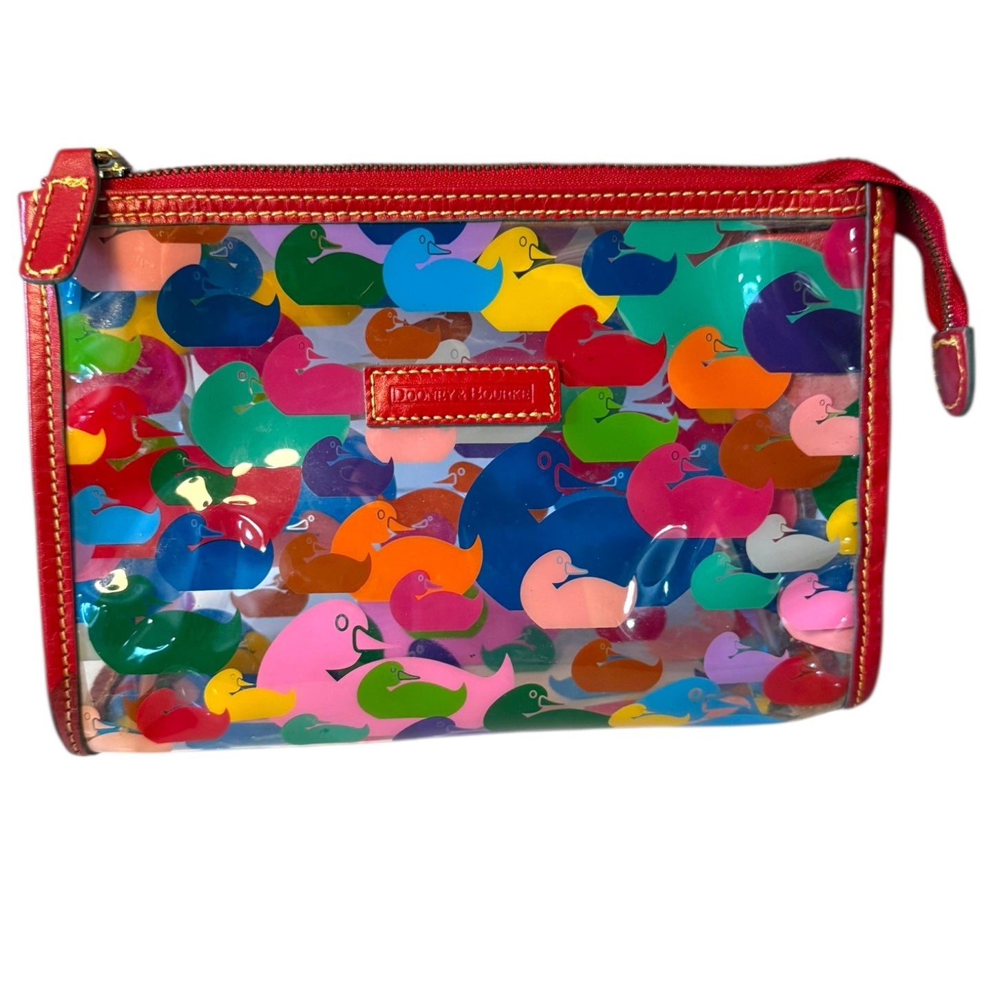 Front of Clear pouch with colorful rubber duck pattern and red zipper