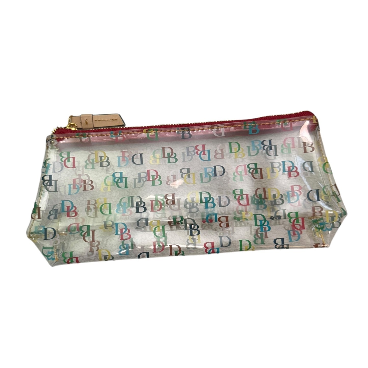 Clear pouch with colorful letter pattern on a white background
