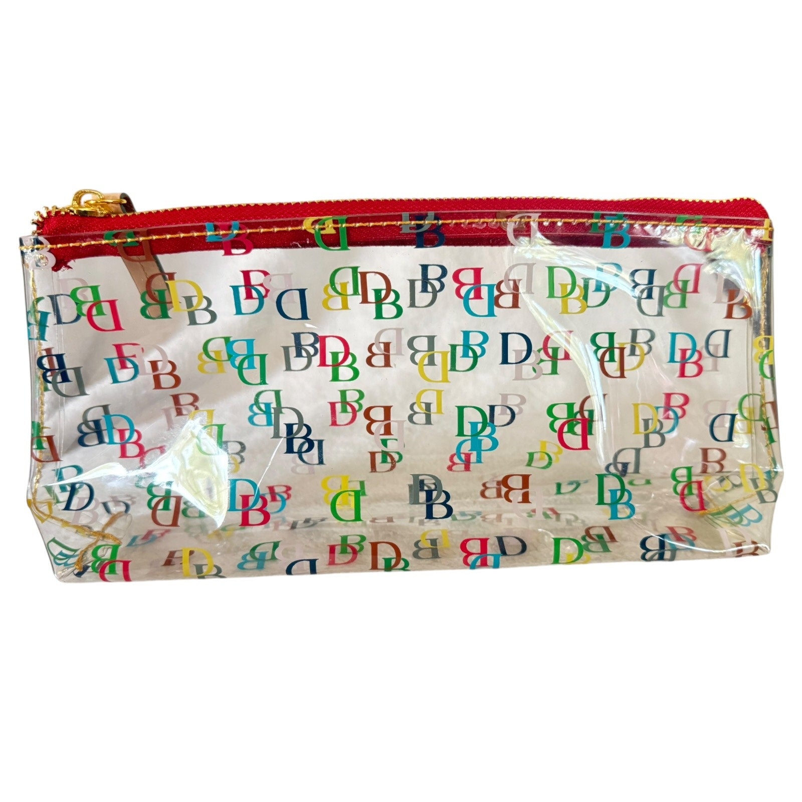 Clear pouch with colorful letter pattern and red zipper on a white background