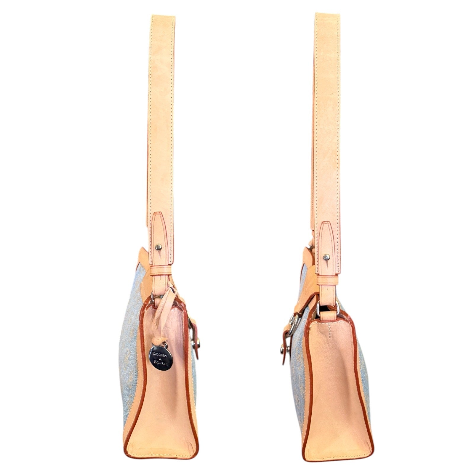 Two views of a handbag with leather strap and body on a white background