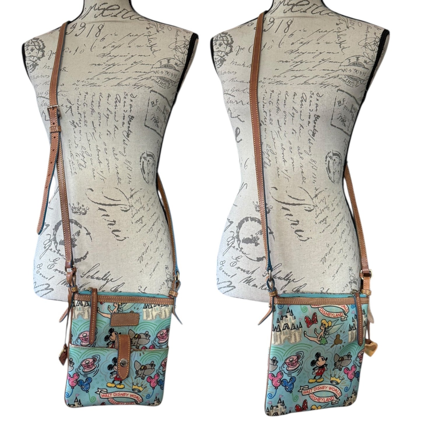 Front and back of Dooney & Bourke Disney crossbody purse on a white back ground