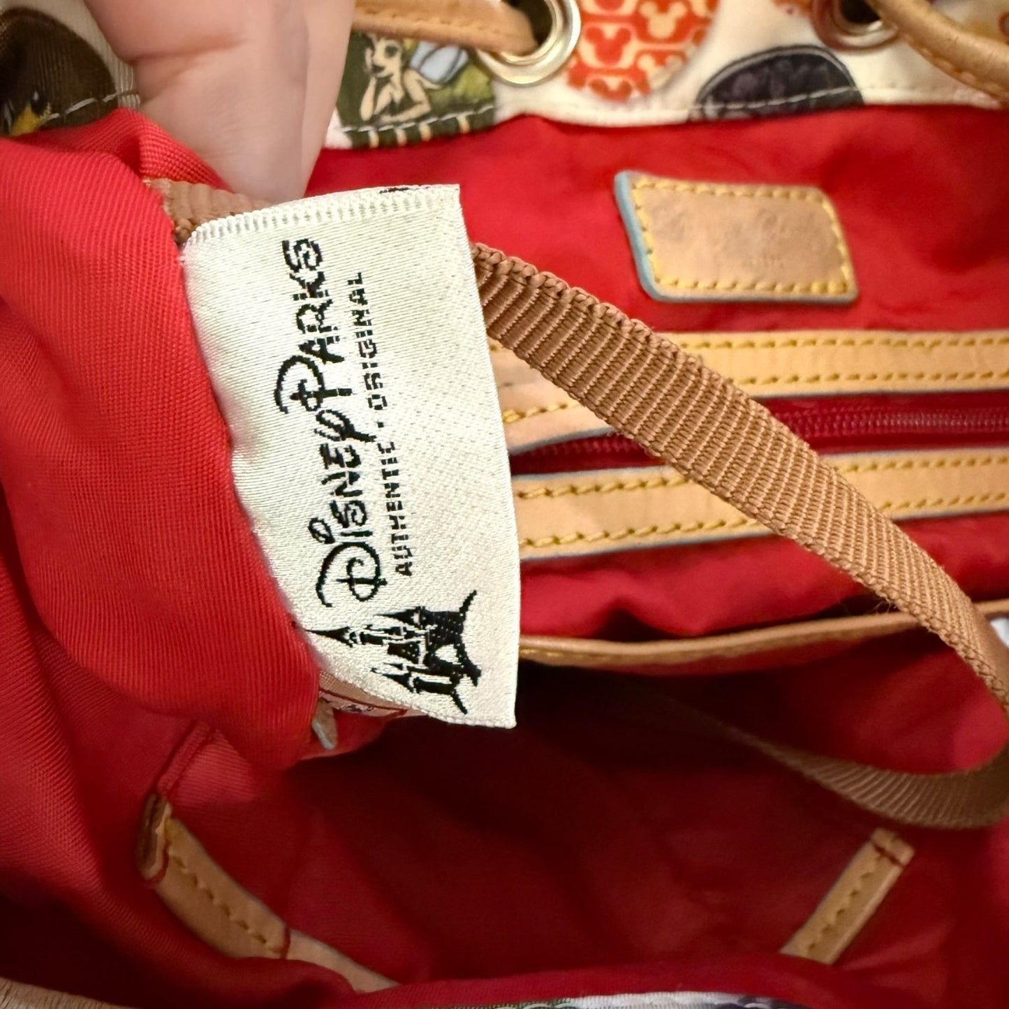 Red bag with a Disney Parks label on a red background