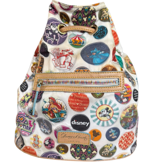 Front of Backpack with Disney character stickers on a white background