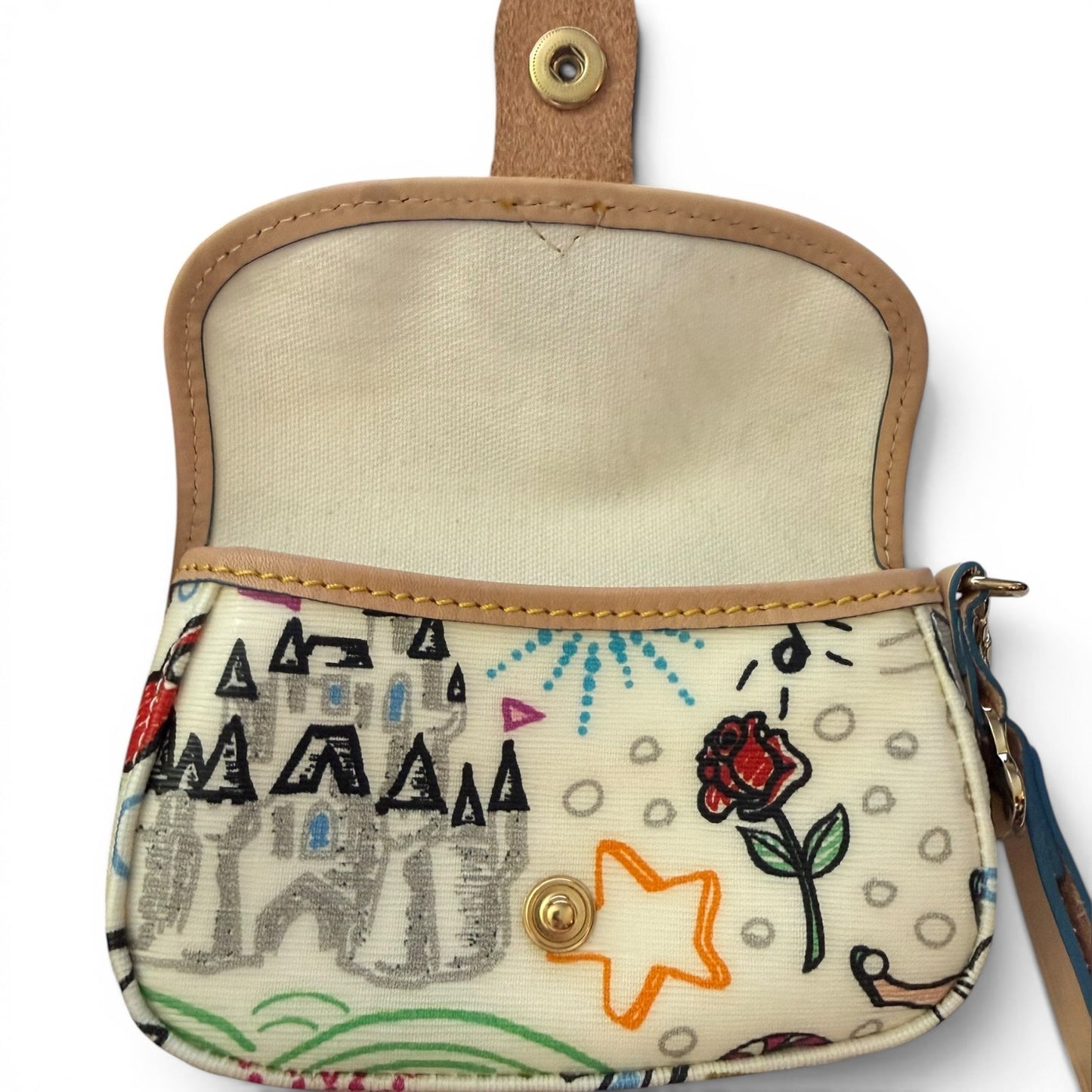 Wristlet open with colorful designs and text on a white background