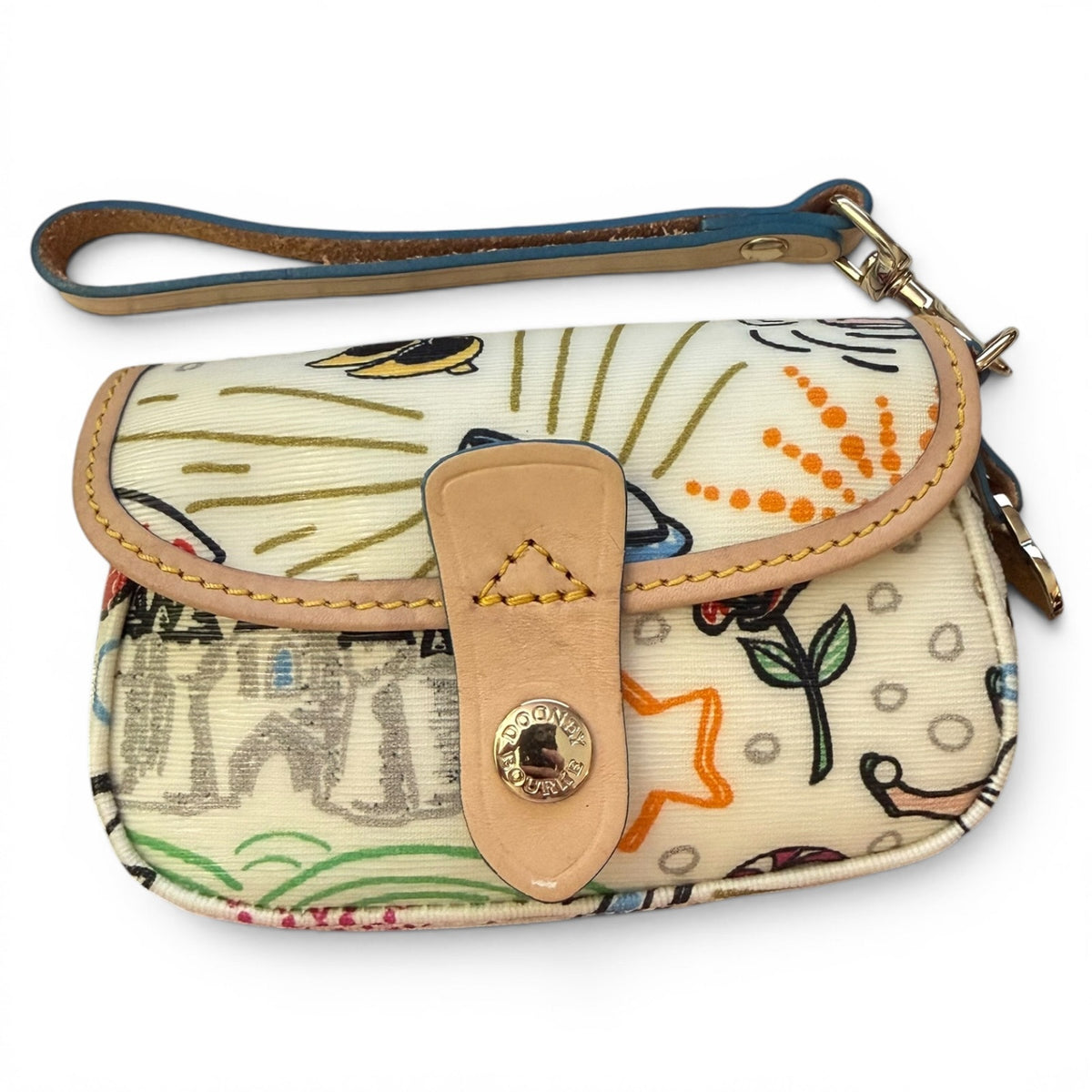 Wristlet with colorful abstract design on a white background