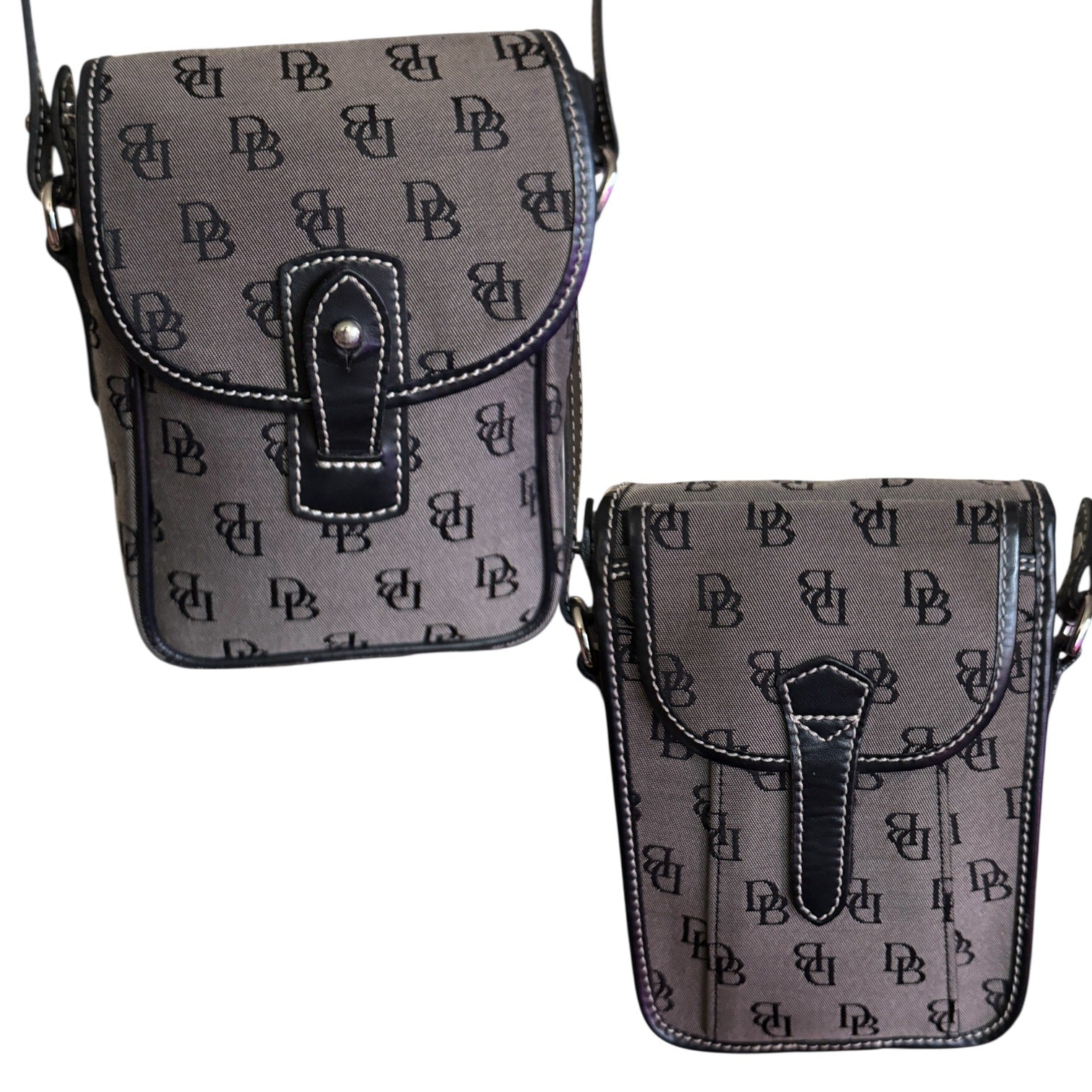 Front and back of gray crossbody bag with black pattern and silver buckle on a white background
