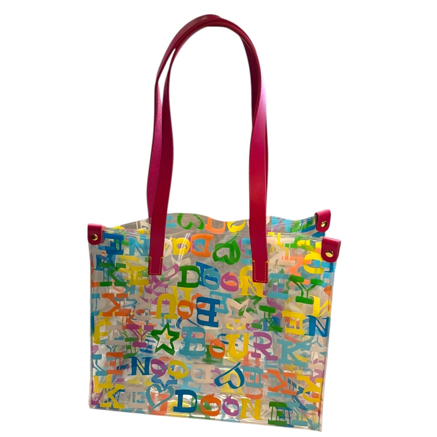 Tote bag with colorful letters and pink handles on a white background