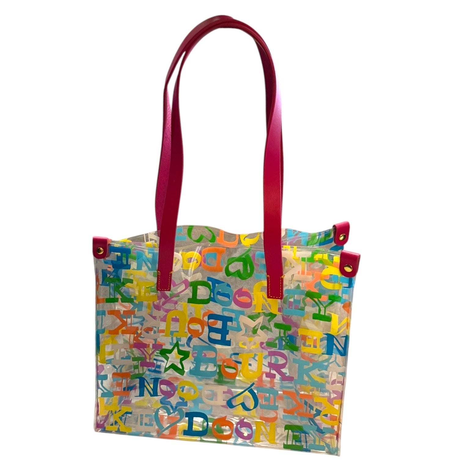 Tote bag with colorful letters and pink handles on a white background