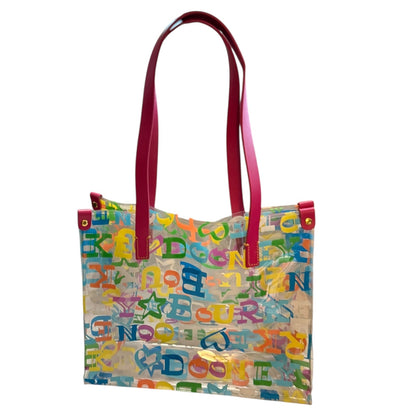 Transparent tote bag with colorful letters and pink handles on a white background