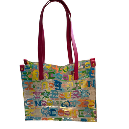 Transparent tote bag with colorful letters and pink handles on a white background