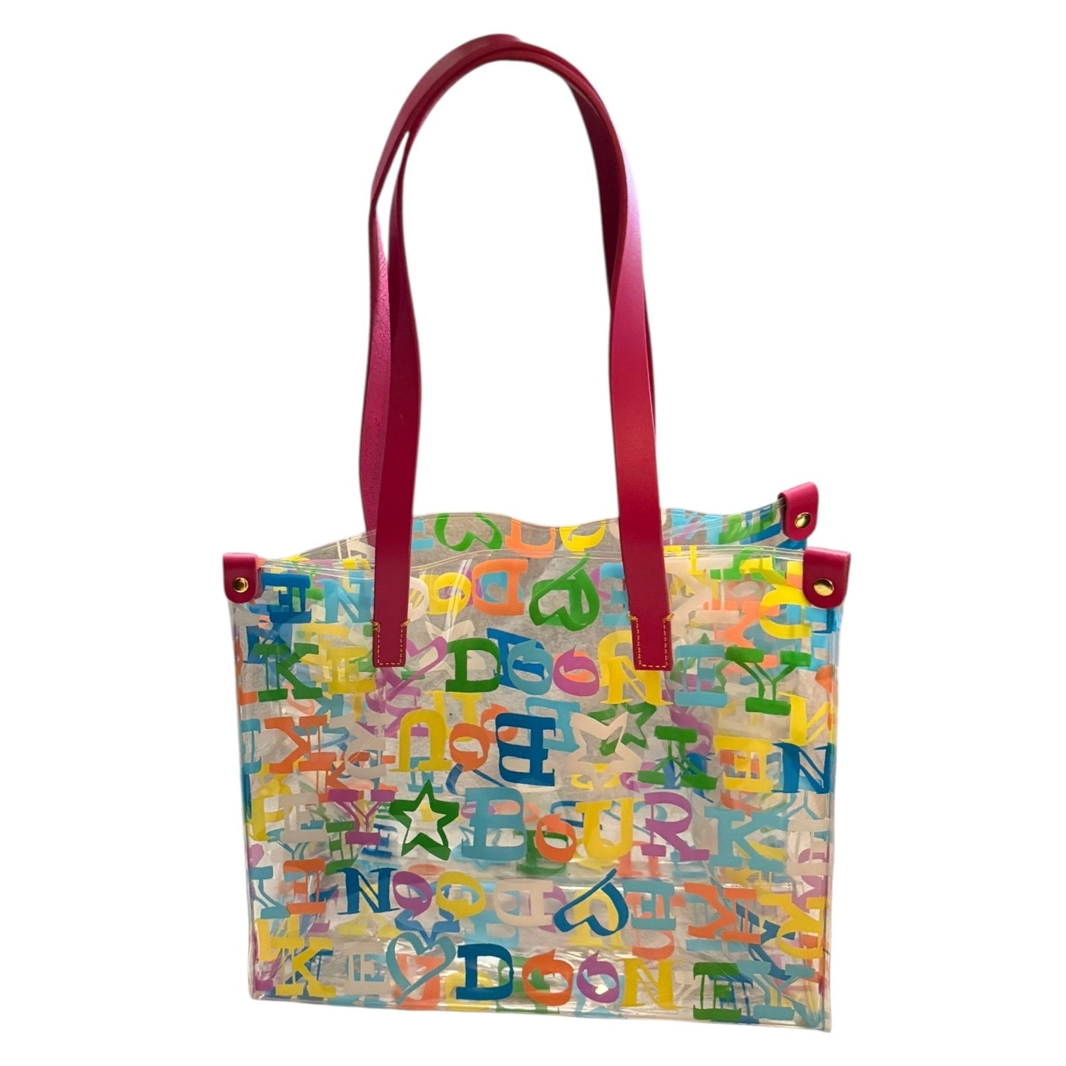 Tote bag with colorful letter pattern and pink handles on a white background