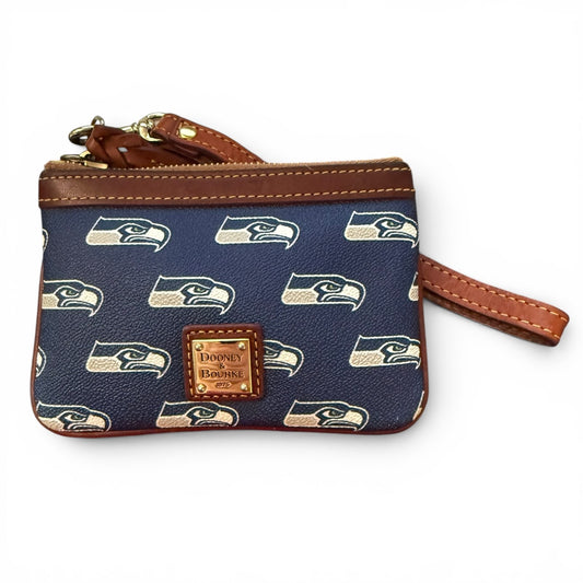 Small blue pouch with Seattle Seahawks logo and Dooney & Bourke branding on a white background
