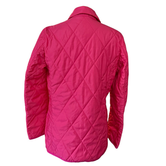 Back of Pink quilted jacket on a white background