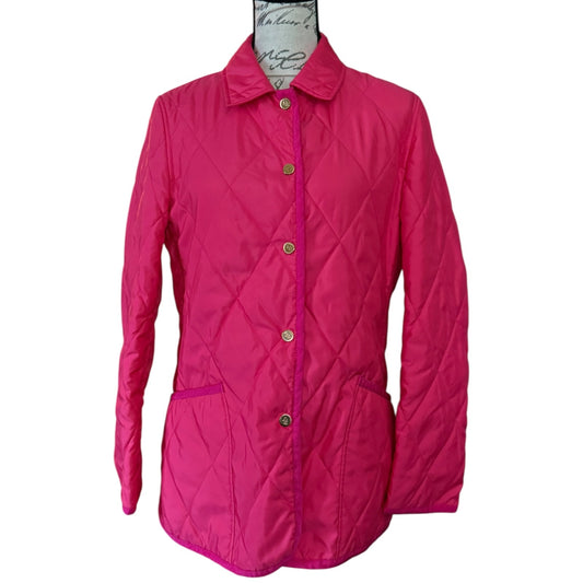 Front of Pink quilted jacket on a white background