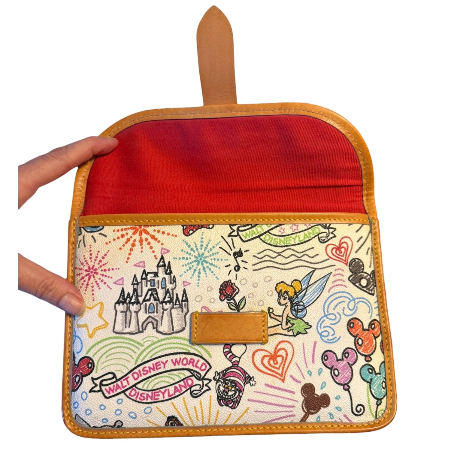 Handheld pouch with Disney-themed design featuring iconic characters and symbols.
