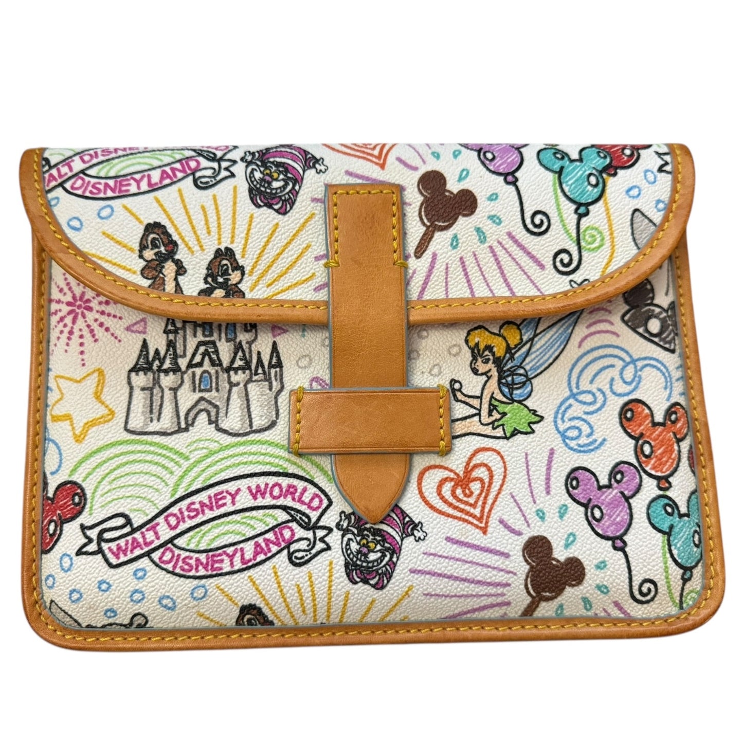 Colorful Disney-themed bag with cartoon characters and text on a white background