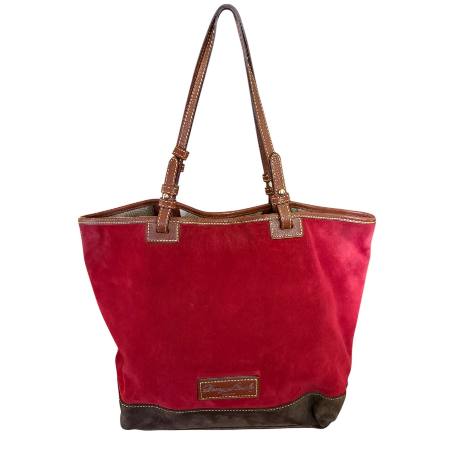 Front of Red tote bag with brown accents on a white background