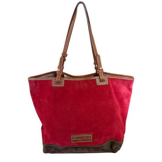 Front of Red tote bag with brown accents on a white background