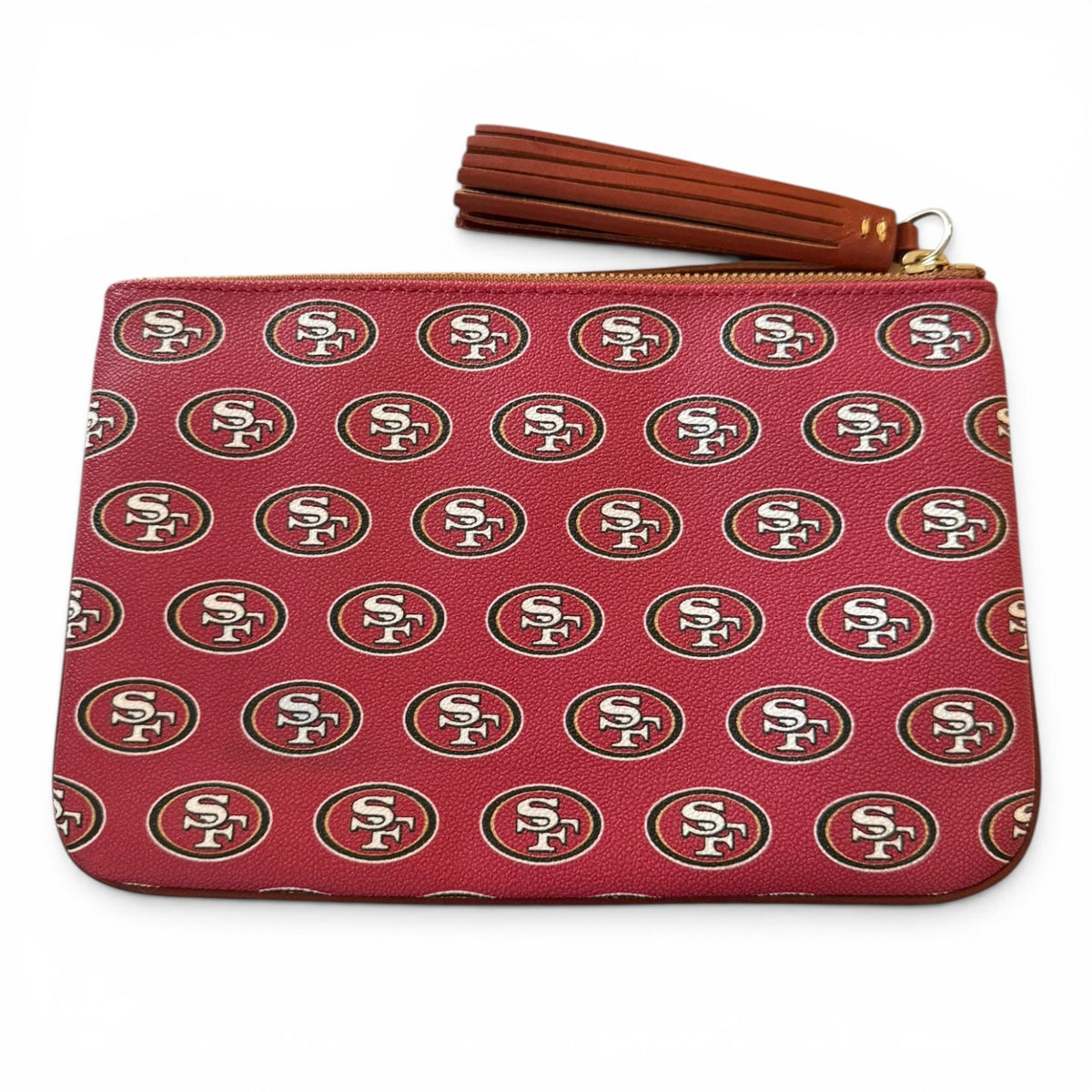 Red pouch with San Francisco 49ers logo pattern on a white background
