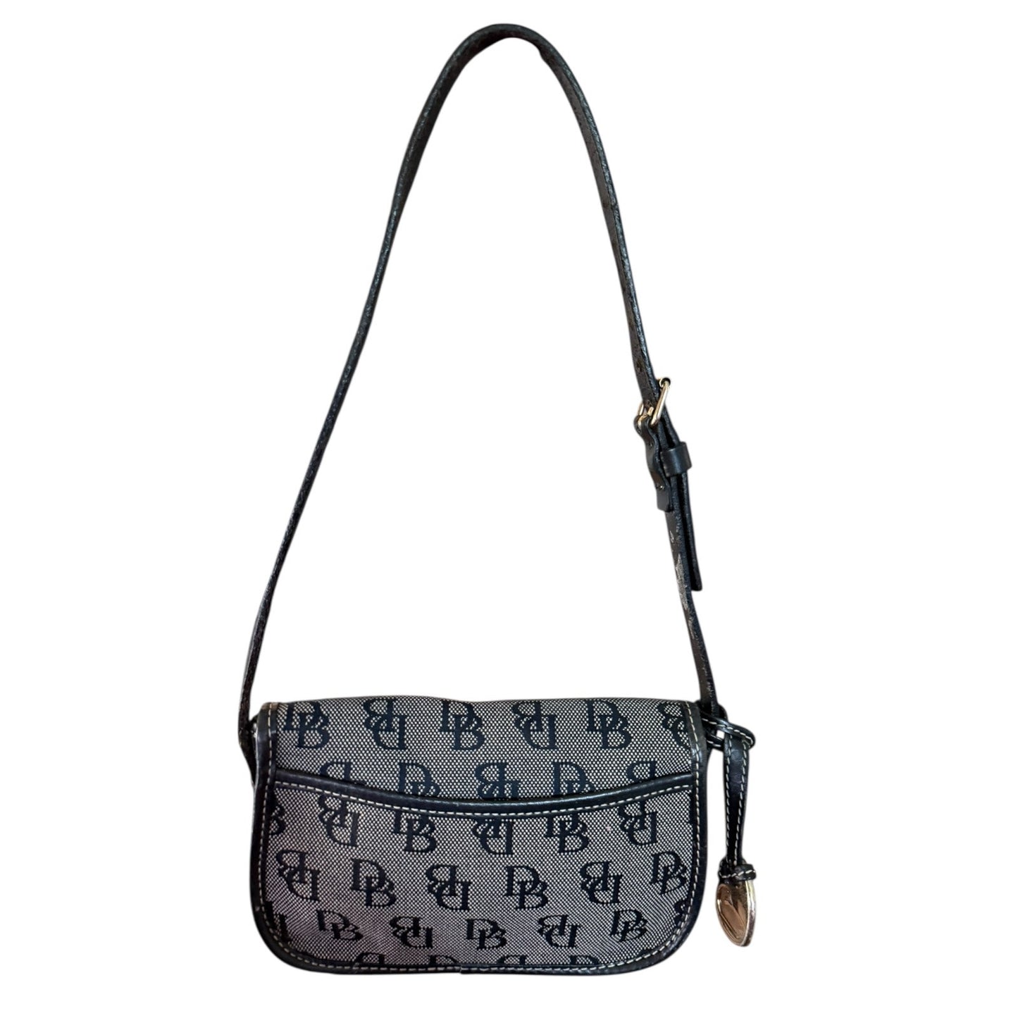 Back of gray handbag with black pattern on a white background