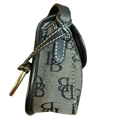 Side of Black and gray patterned purse with chain with gold accent on a white background