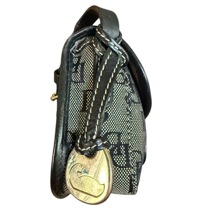 Side of Small black and gray pouch with a brand logo on a white background