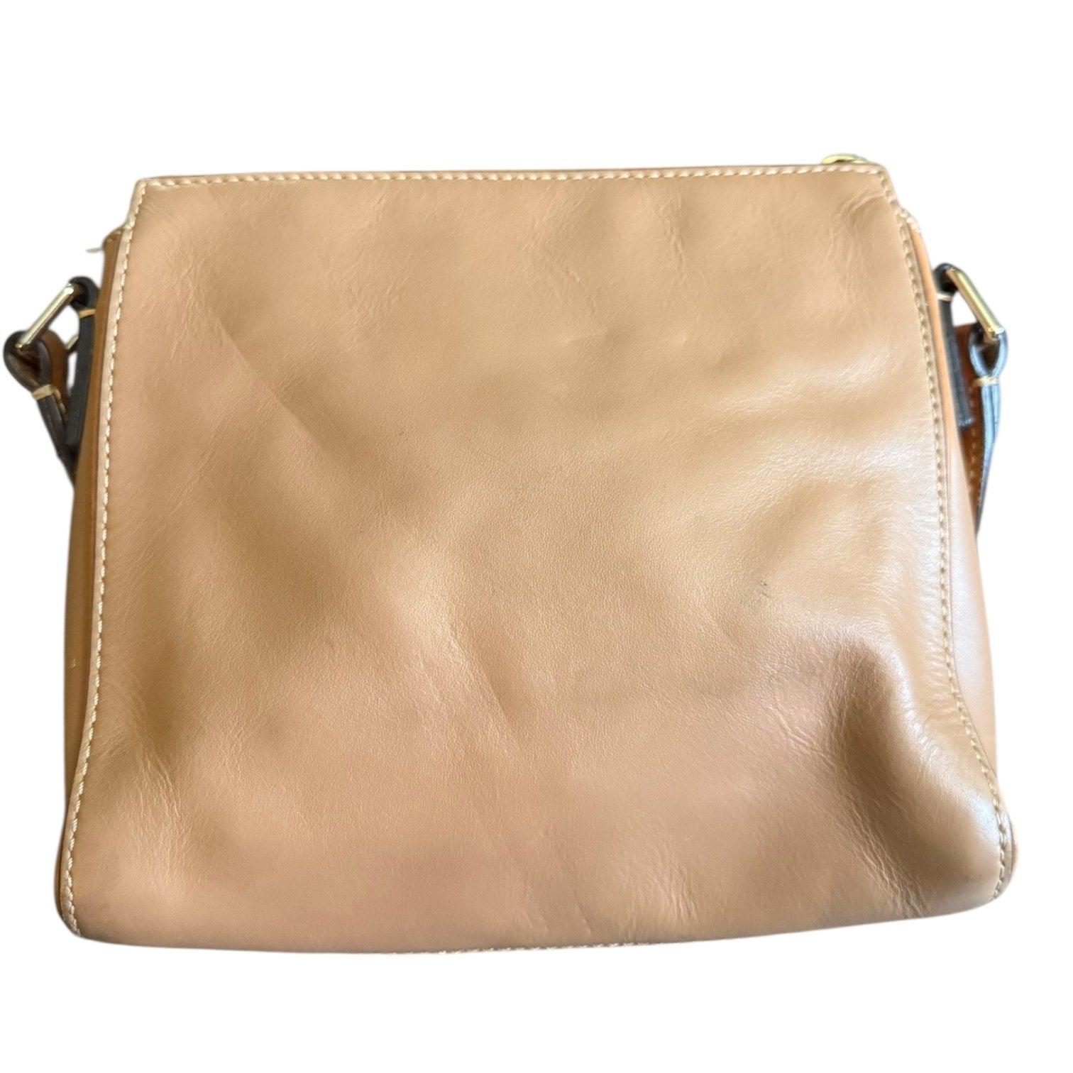 Back of brown leather handbag with gold hardware on a white background