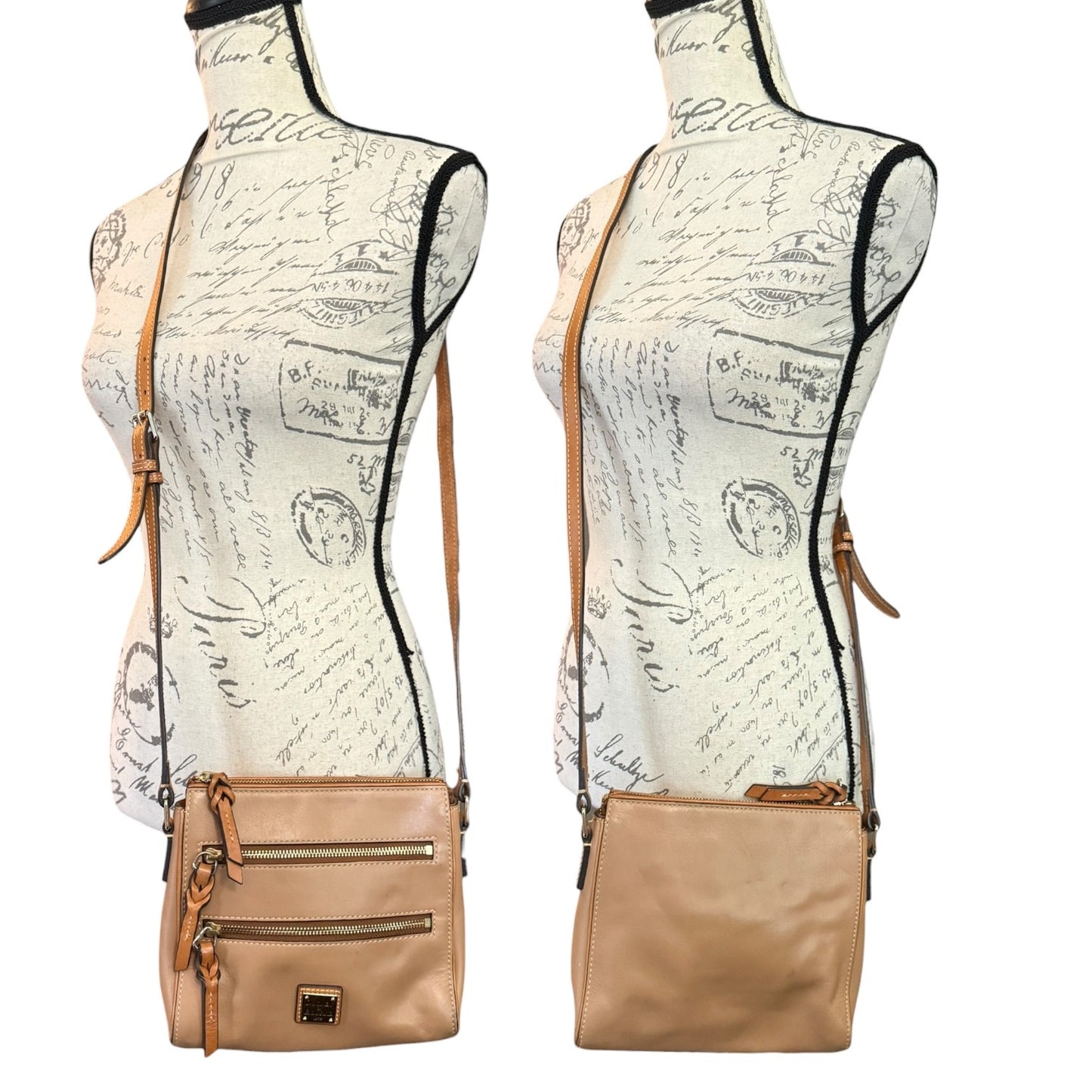Front and back of brown crossbody bag on a mannequin with a vintage-print on a white background