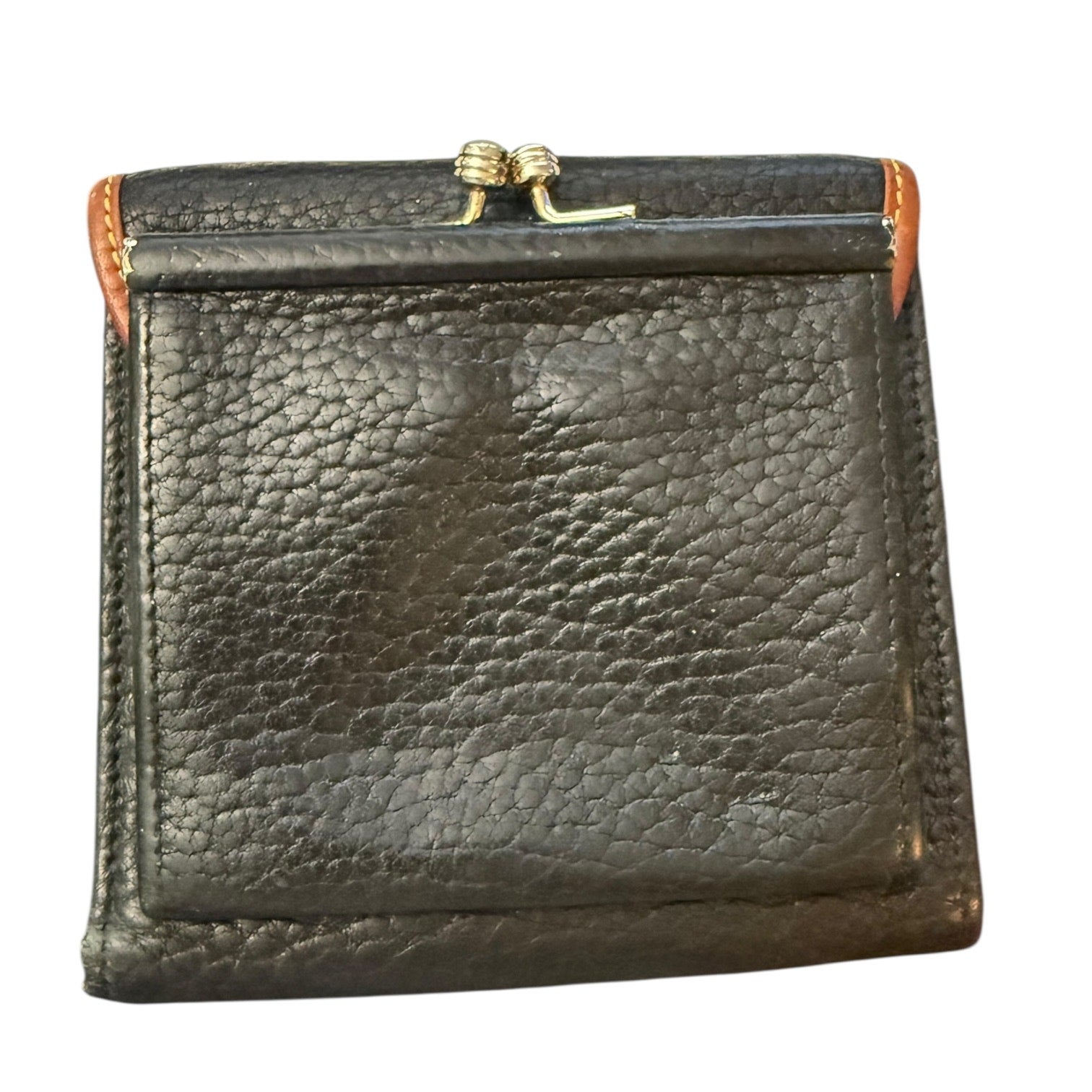 Back of Black leather wallet with gold clasp on a white background