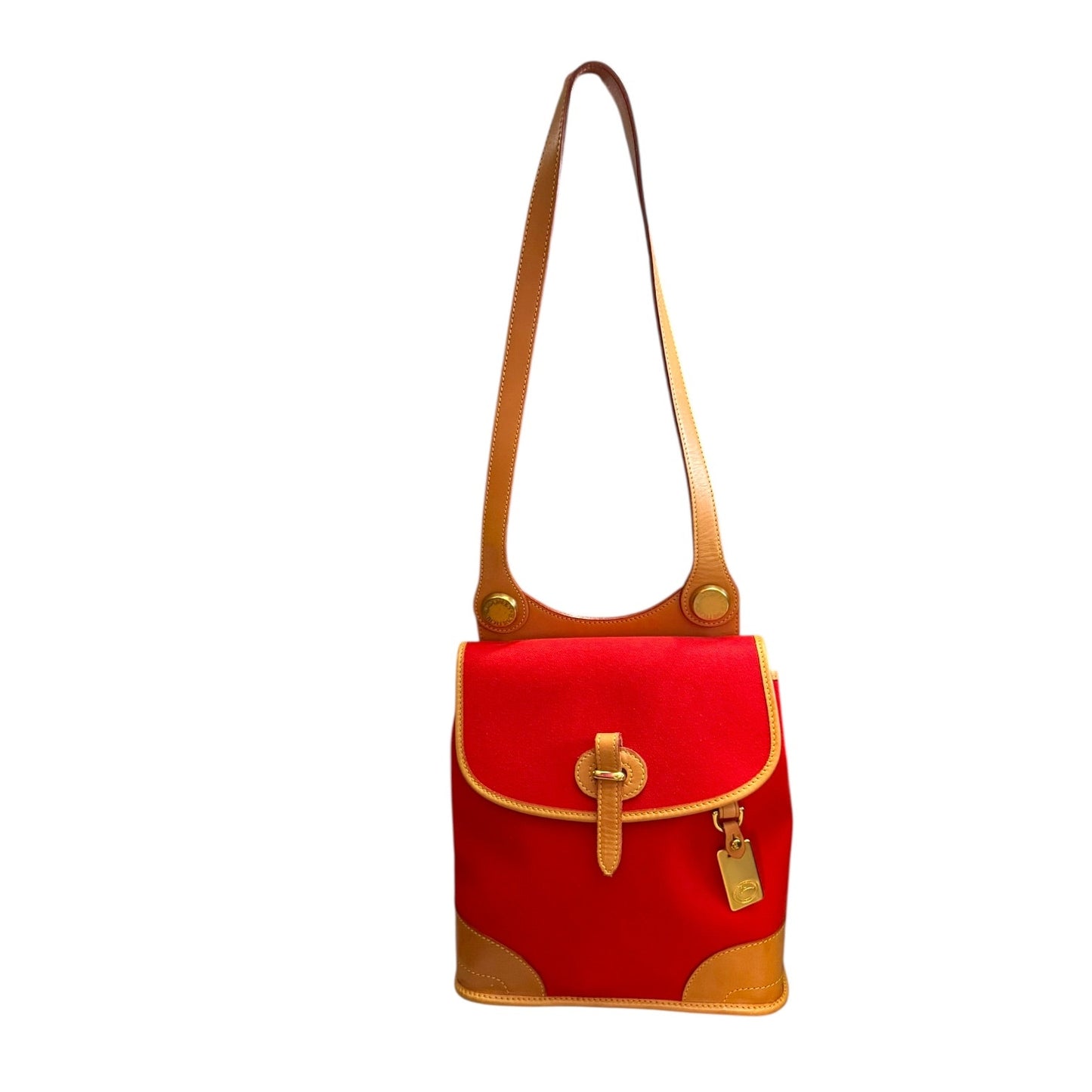 Front of Red handbag with brown accents on a white background