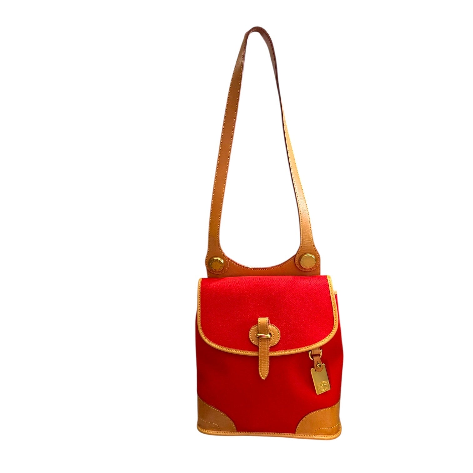 Front of Red handbag with brown accents on a white background