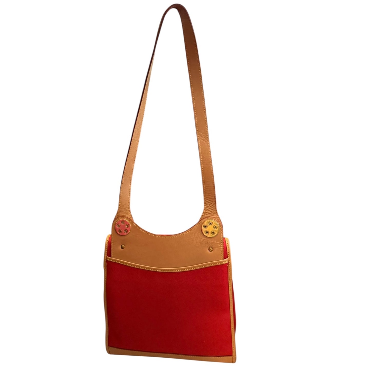 Back of Red bag with brown strap on a white background