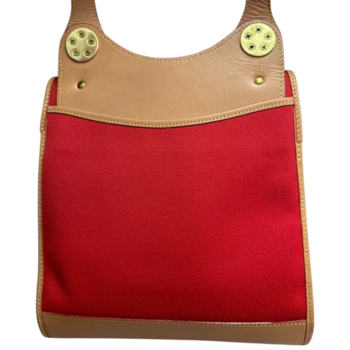 Close up of back of Red bag with brown handles on a white background