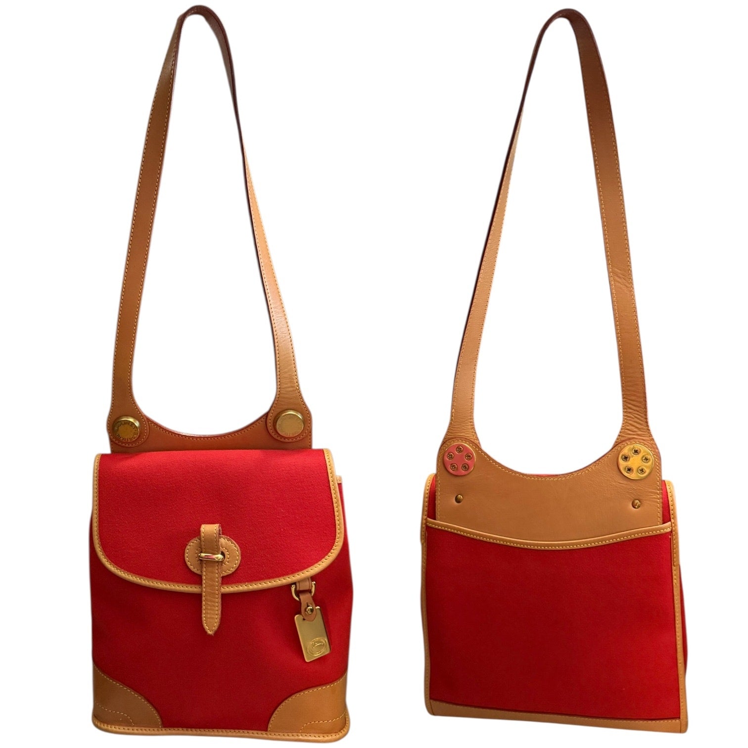 Front and back of Red bag with brown accents on a white background