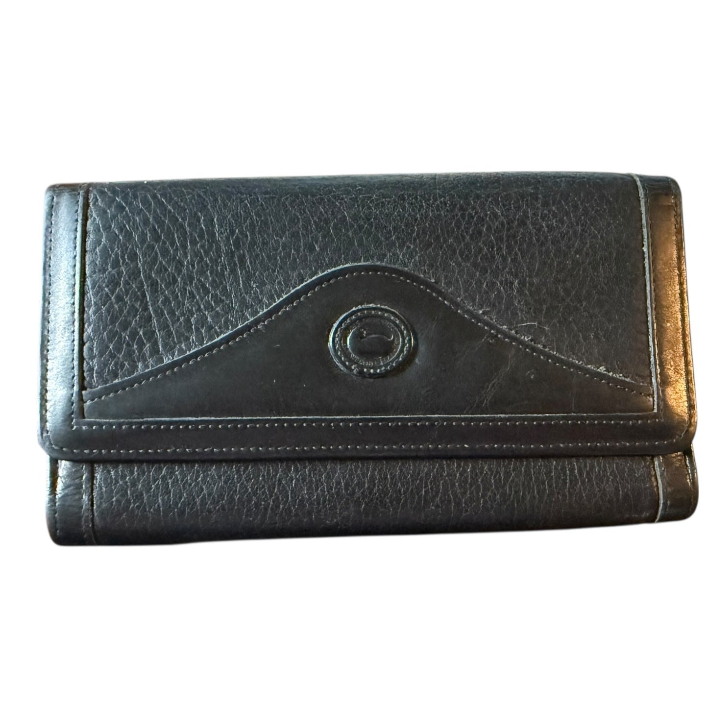 Front of Black leather wallet with a central button on a white background