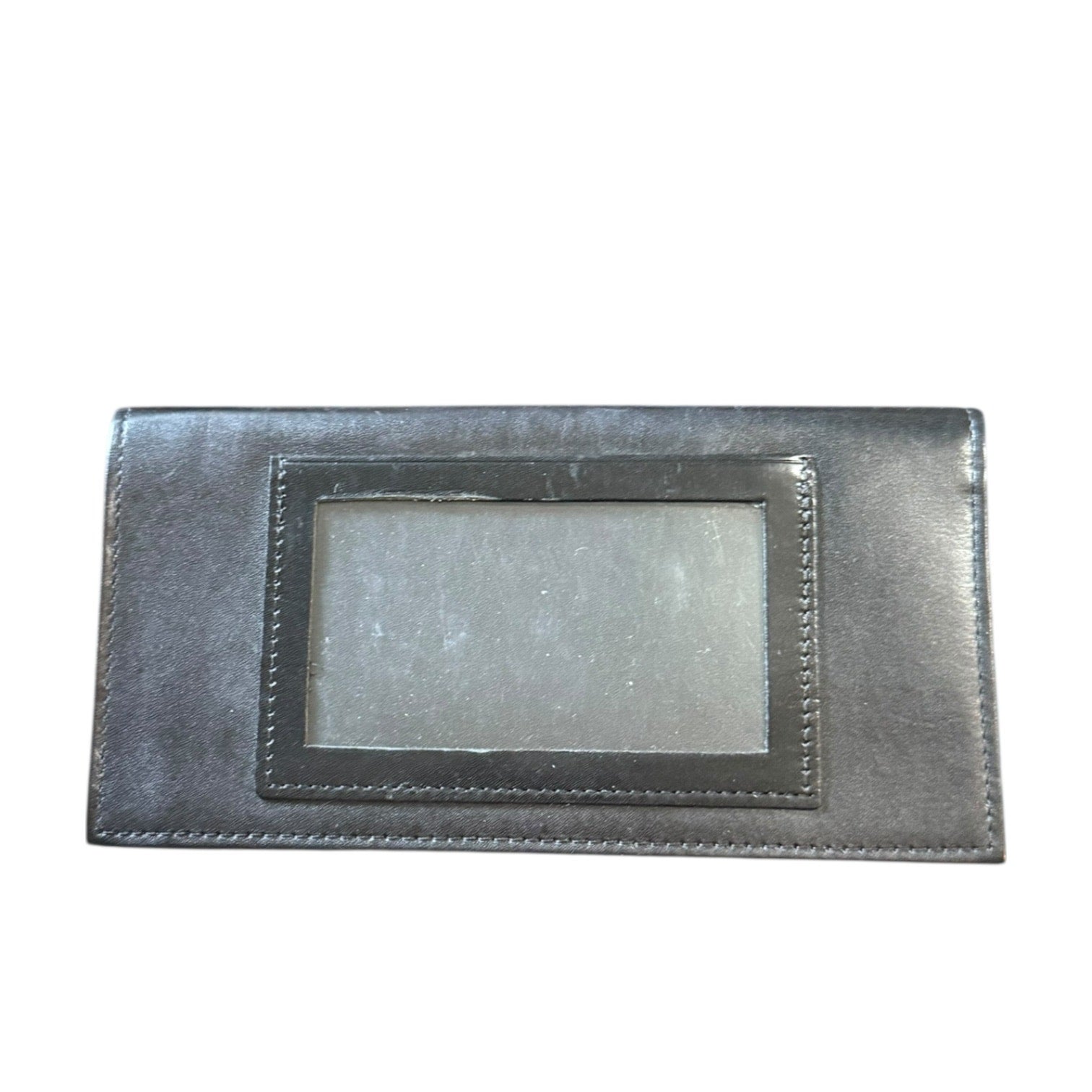 Black leather checkbook wallet with a rectangular card holder on a white background