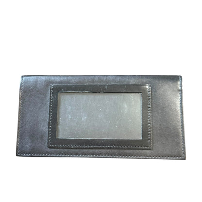 Black leather checkbook wallet with a rectangular card holder on a white background