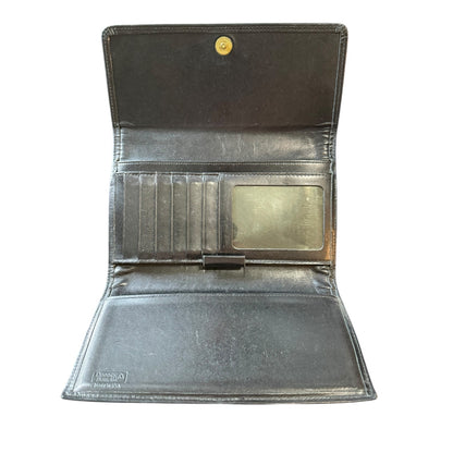 Open black leather wallet with a clear compartment on a white background