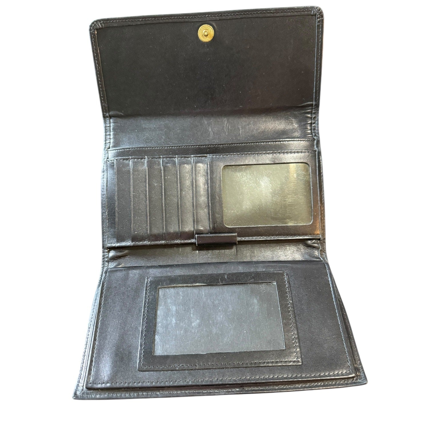 Open black leather wallet with card slots and checkbook wallet on a white background