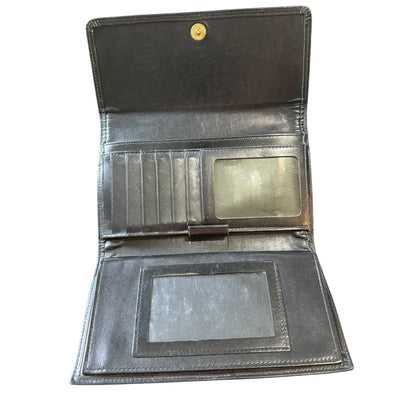 Open black leather wallet with card slots and checkbook wallet on a white background