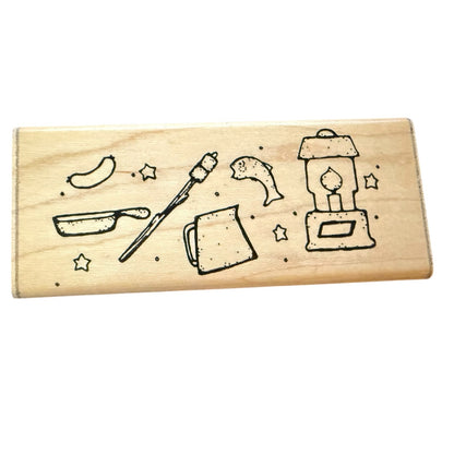 Wooden stamp with various illustrations on a white background