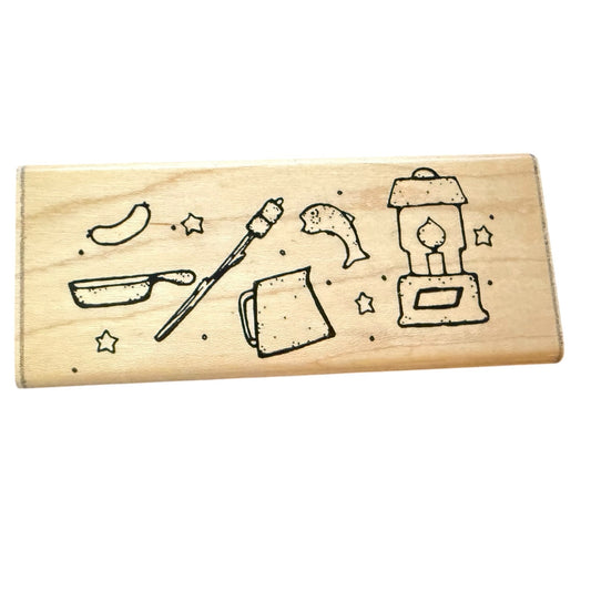 Wooden stamp with various illustrations on a white background