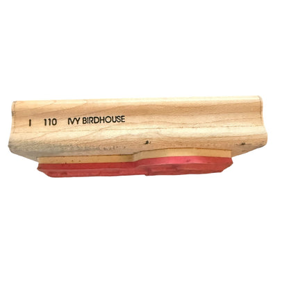 A wooden birdhouse stamp with the text 'I 110 IVY BIRDHOUSE' printed on the side,shown against a plain white background.