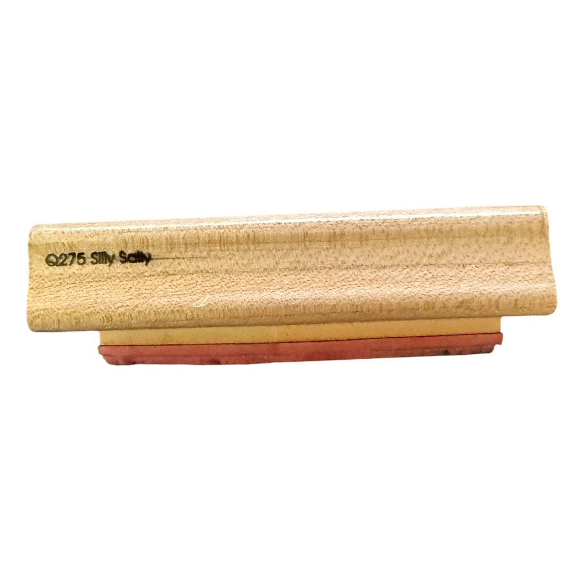 A wooden stamp block with a light natural wood handle and a red rubber stamping surface, shown on a plain white background. The handle has the text 'C2275 Silly Sally' printed on it.